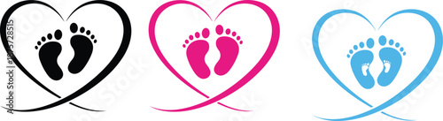 Three heart shapes with baby footprints in black pink and blue colors 1