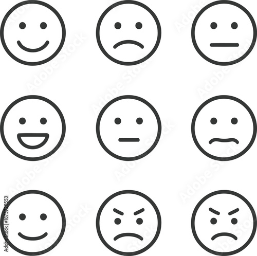 Assorted emoticon faces displaying various emotions and reactions in a grid layout, illustration, vector graphics, copilot style 20260112