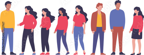 Casual character illustration, diverse people vector, standing group clipart, fashion style icons, demographic design elements, cartoon figures