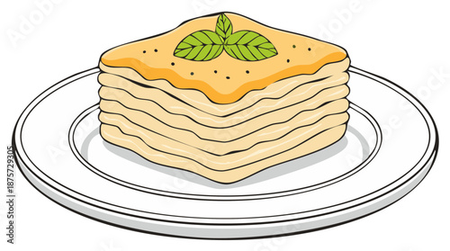 Lasagna Slice Illustration Served on a Plate with Basil Garnish
