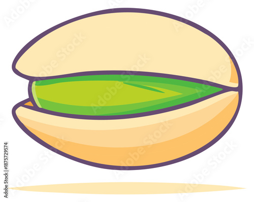 Cartoon pistachio nut, partially opened, revealing vibrant green kernel
