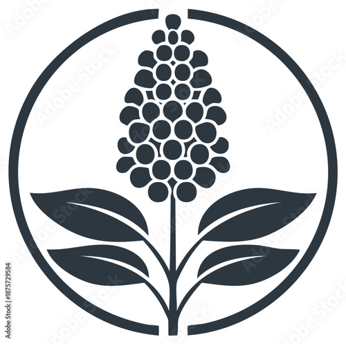 Stylized dark botanical emblem with a flowering plant and leaves inside a circle