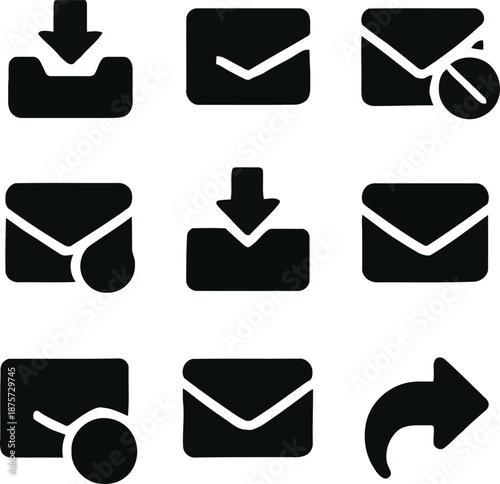 Email icons collection featuring download and send symbols in black and white