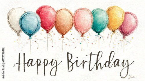 birthday card, colorful confetti and balloons 