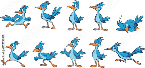 vector illustration of roadrunner bird funny cute cartoon mascot character cartoon with 10 poses