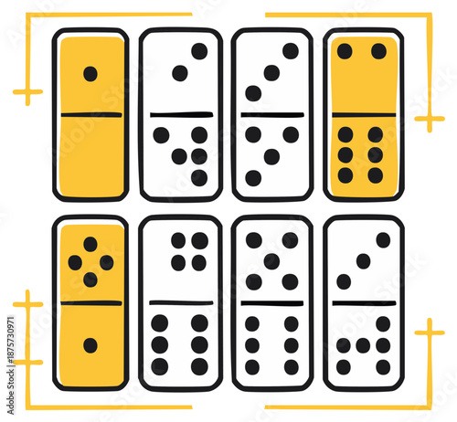 Dominos Set Featuring Black and Yellow Tiles with Hand Drawn Style Accents