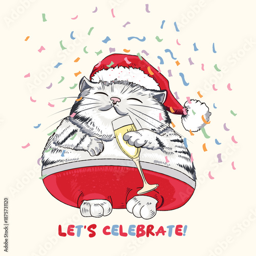 Cute funny hand drawn vector kitty in santa costume holding champagne, new year celebration
