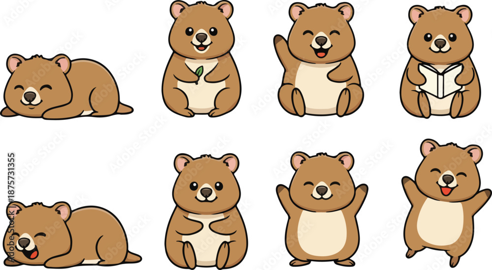 Fototapeta premium vector illustration of quokka funny cute cartoon mascot character cartoon with 8 poses 