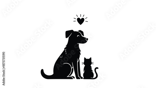 A silhouette illustration of a black dog and a black cat sitting together under a heart symbol.