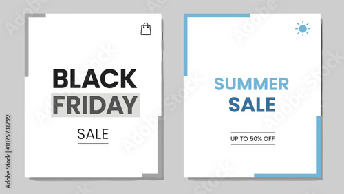 Two social media post templates, one for Black Friday sale and another for a summer sale.