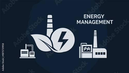 An illustration representing energy management, with icons of factories, a leaf, and a lightning bolt.
