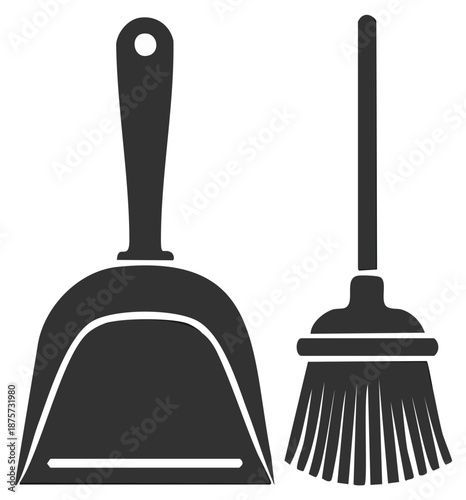 Broom and Dustpan Cleaning Set Housekeeping Tools Simplistic Black and White Illustration