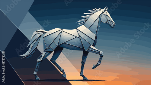 A geometric, faceted sculpture of a horse in a dramatic lighting setting.