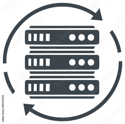 Data center servers in circulation with arrows indicating continuous flow and processing