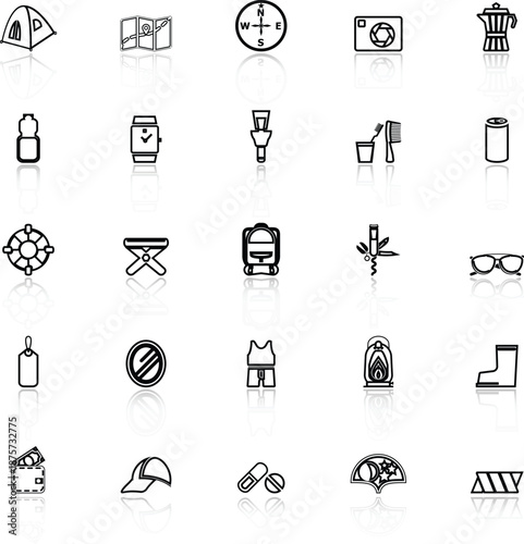 Camping necessary line icons with reflect on white background