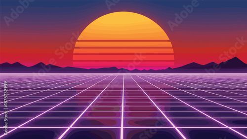 A retro-futuristic landscape with a grid floor, mountains, and a large sunset, evoking a synthwave aesthetic.
