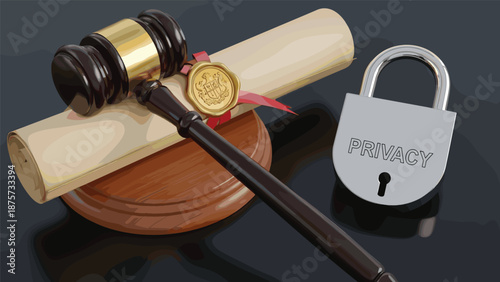 A gavel rests on a wooden stand beside a rolled document with a wax seal and a padlock, signifying legal privacy and data security.