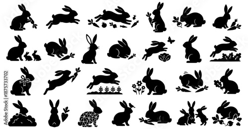 Rabbit Silhouette Clip-Art Pack – 25 Unique Vector Designs with Carrots & Garden Elements