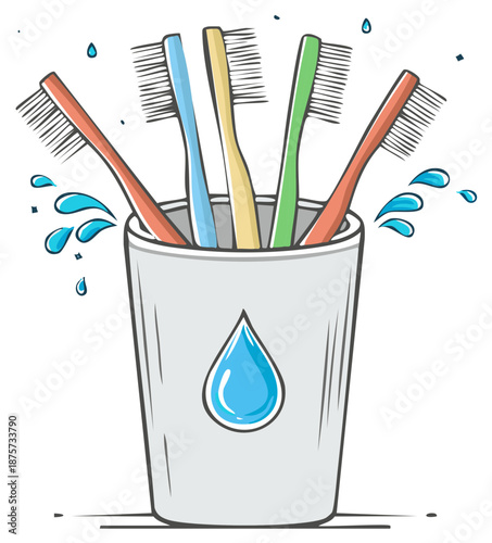 Colorful toothbrushes standing in a cup with splashing water and a droplet symbol for dental hygiene