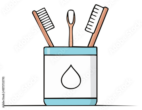 Three toothbrushes in a holder with water drop icon promoting dental hygiene