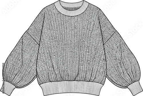 Chunky knitted sweater vector illustration, balloon sleeve pullover design, detailed cable knit texture, fashion technical sketch, cozy winter apparel mockup