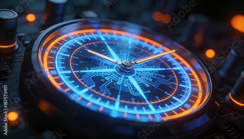 Wallpaper Mural Futuristic digital compass with glowing blue and orange circuit board design Torontodigital.ca