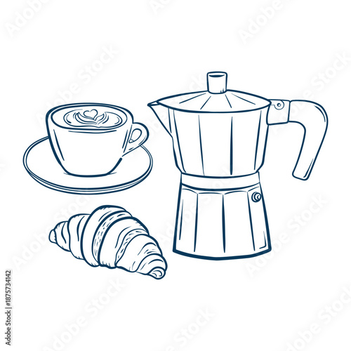Moka pot coffee and croissant, Cup of cappuccino and croissant hand drawn set, Doodle breakfast collection, Doodle sketch icons in crayon drawing style.