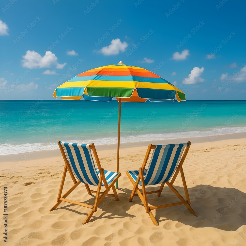Fototapeta premium beach chairs and umbrella
