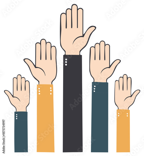Raised Hands Vector Illustration, Concept of Voting, Teamwork, or Unity