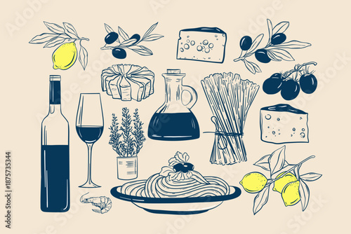 Pasta and spaghetti with cheese and olives hand drawn set, Doodle collection Italian food cheese and wine, Mediterranean delicacies.