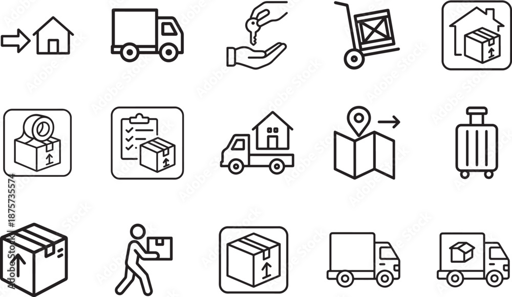 Fototapeta premium Outline relocation icon set in linear style with editable stroke, ideal for moving, housing, logistics, and UI design.