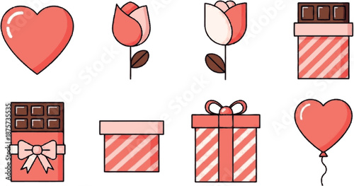 Charming flat design vector icons hearts, roses, chocolates, and gift boxes. Ideal for Valentine's Day, love expressions, and romantic celebrations