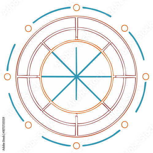Geometric Circle Design with Spokes, Rings, and Dashes Graphic Artwork