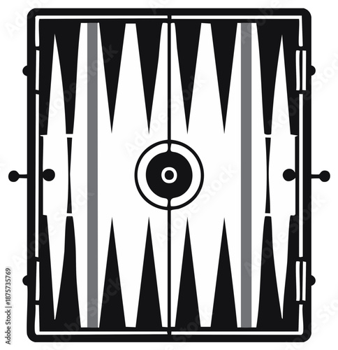 Backgammon board graphic, geometric black and white design, top view