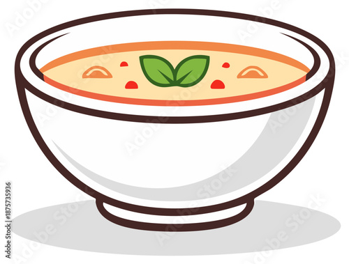 Vibrant vector illustration of a delicious hot soup bowl with fresh herbs and spices