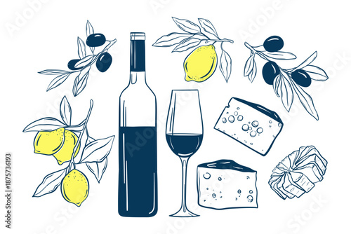 Wine and cheese doodle set, Italian delicacies, Food and alcoholic drinks, Vector illustration isolate on white.