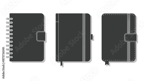 Three dark gray notebook and journal with different binding and closure styles diary planner