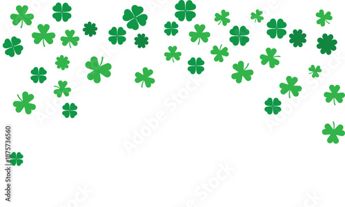 Falling green shamrocks and four-leaf clovers isolated on white background. St. Patrick's Day pattern for Irish holiday banners, greeting cards, luck concepts, and spring nature designs.