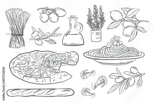 Italian food doodle set, Collection of Mediterranean products in hand drawn style, Pizza and Italian pasta with shrimps set of cheeses and wine vintage design.