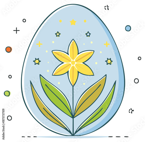 Easter egg decorated with a yellow flower and stars in a simple doodle style