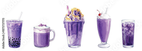 Watercolor Filipino ube drinks set with ube milkshake, ube latte, bubble tea, purple smoothie and iced drink, vector illustrations isolated on white