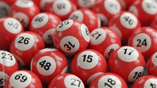 Collection of red lottery balls with numbers