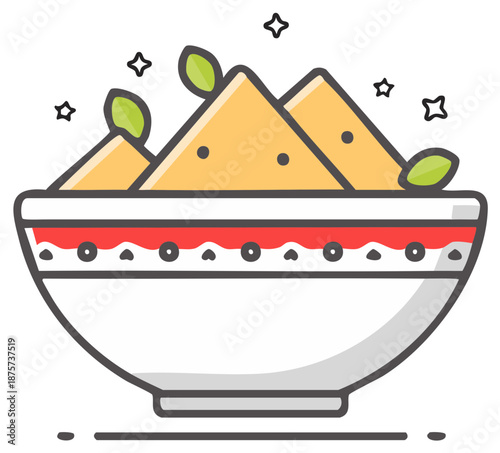 Bowl full of Samosas with Green Leaves Illustration and small stars, cartoon food, appetizer.