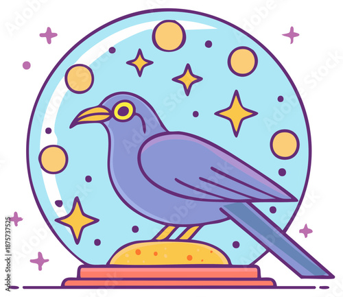 Whimsical bird inside a magical fortune telling crystal ball with stars and circles