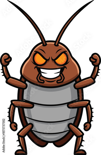 Cartoon cockroach with glowing eyes, toothy grin, raised arms, aggressive pose, mischievous insect character - flat vector illustration