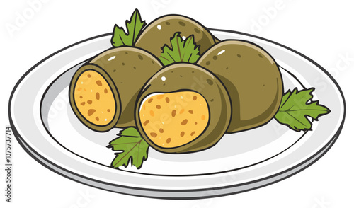 Illustration of Scotch Eggs on a Plate with Green Garnish, Comfort Food