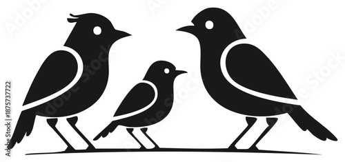 Family of Black Birds Silhouette Vector Illustration, Adult Birds and Small Chick Standing