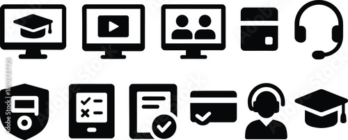 Educational icons collection featuring technology and learning symbols in a digital environment