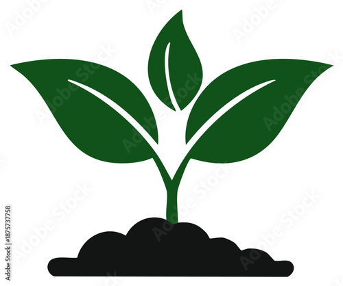 Growing plant illustration featuring three green leaves and earth, ideal for nature, environmental concepts.