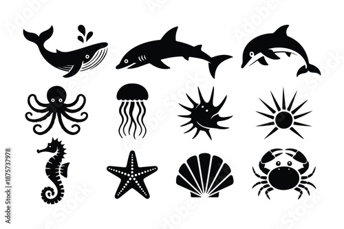Marine Life Silhouette Icon Set with Sea Animals in Black and White